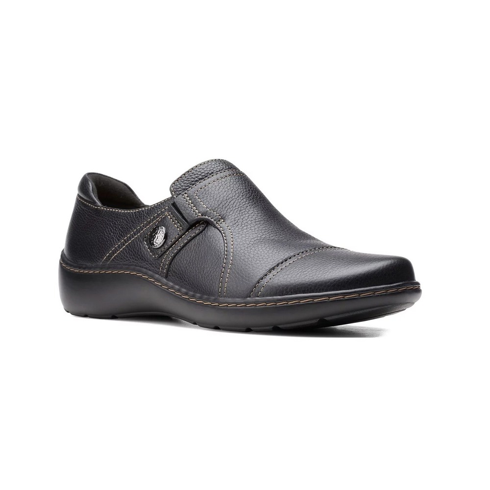 Clarks Collection Cora Poppy Shoes Black Leather Comfort Slip On Sz 9.5